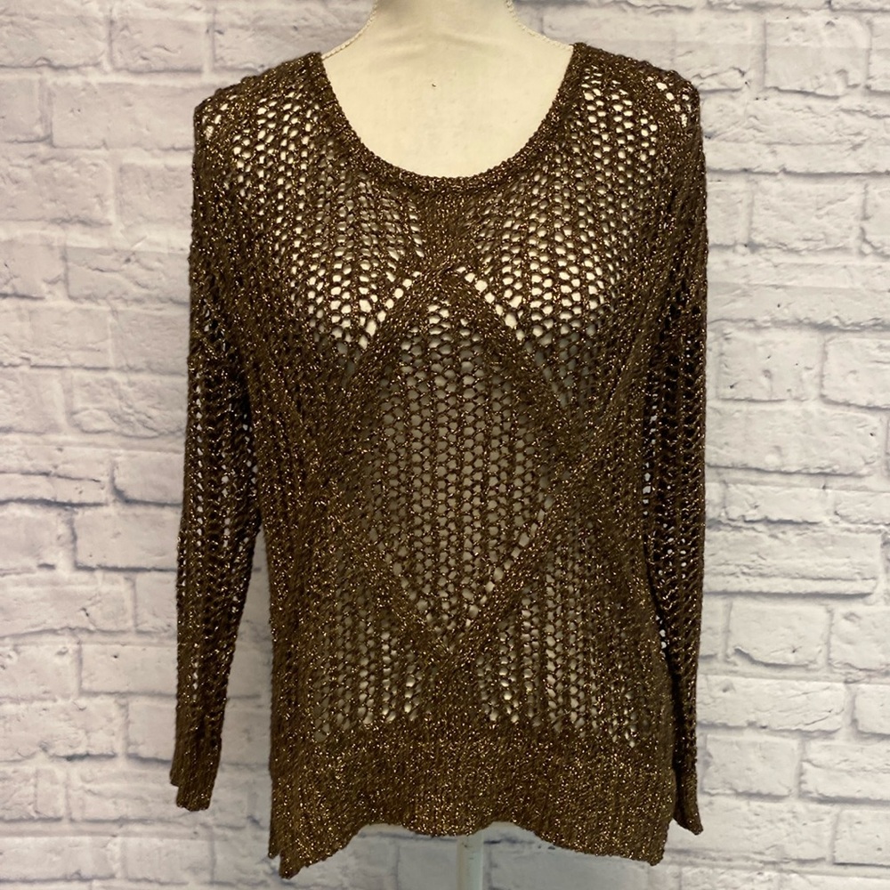 I Jeans by Buffalo Metallic Gold and Brown Crochet Knit Sweater Size Medium